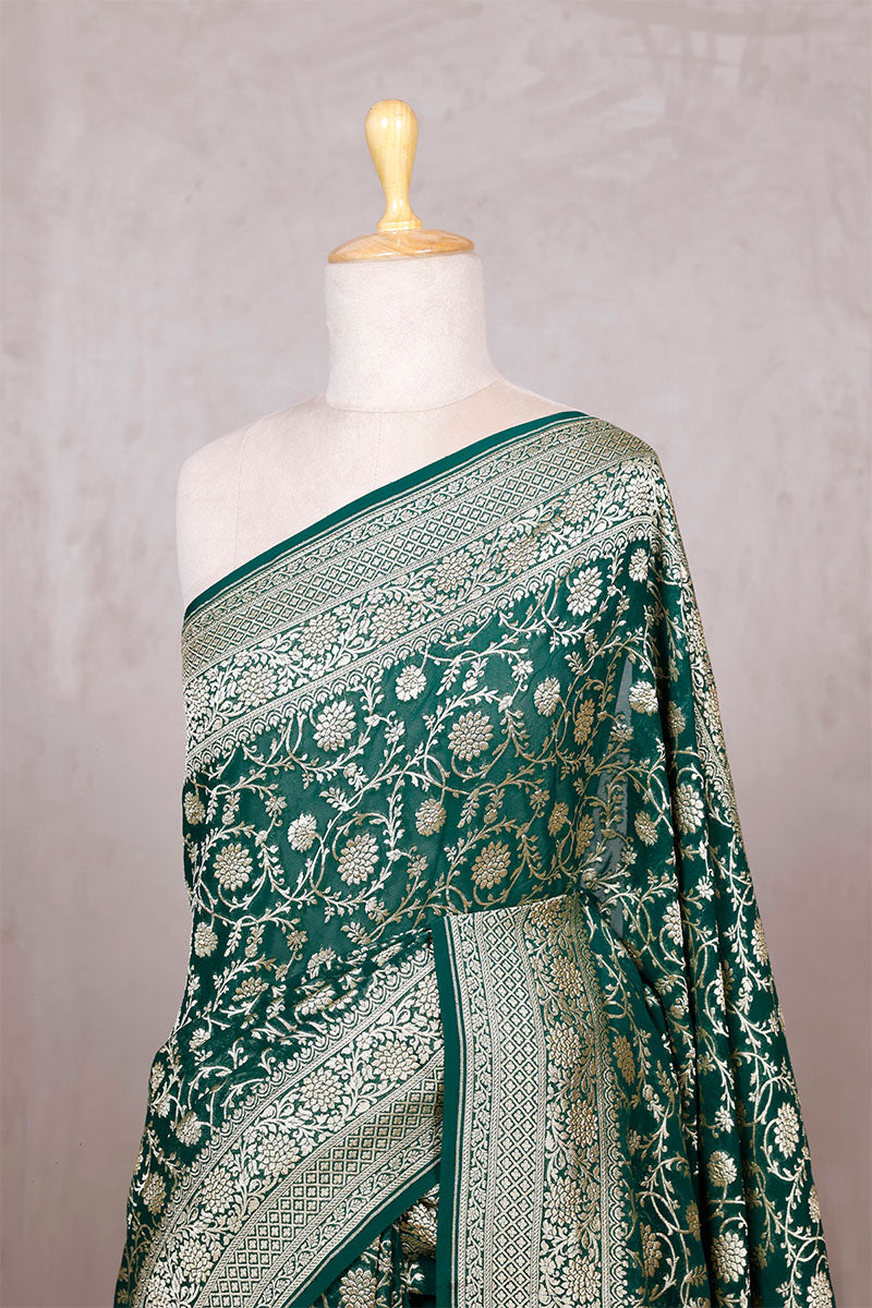 Bottle Green Georgette Saree with Jangla Floral Work