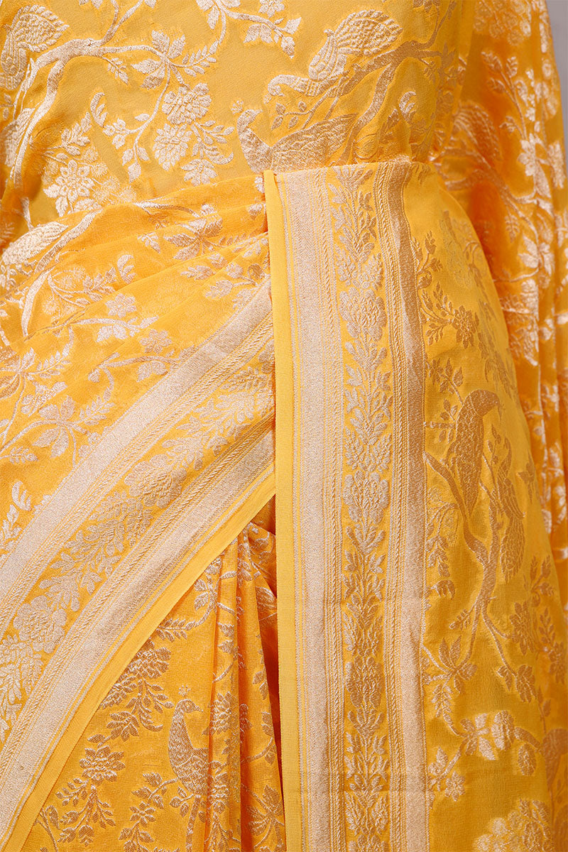 Yellow Georgette Saree with Peacock Floral Work