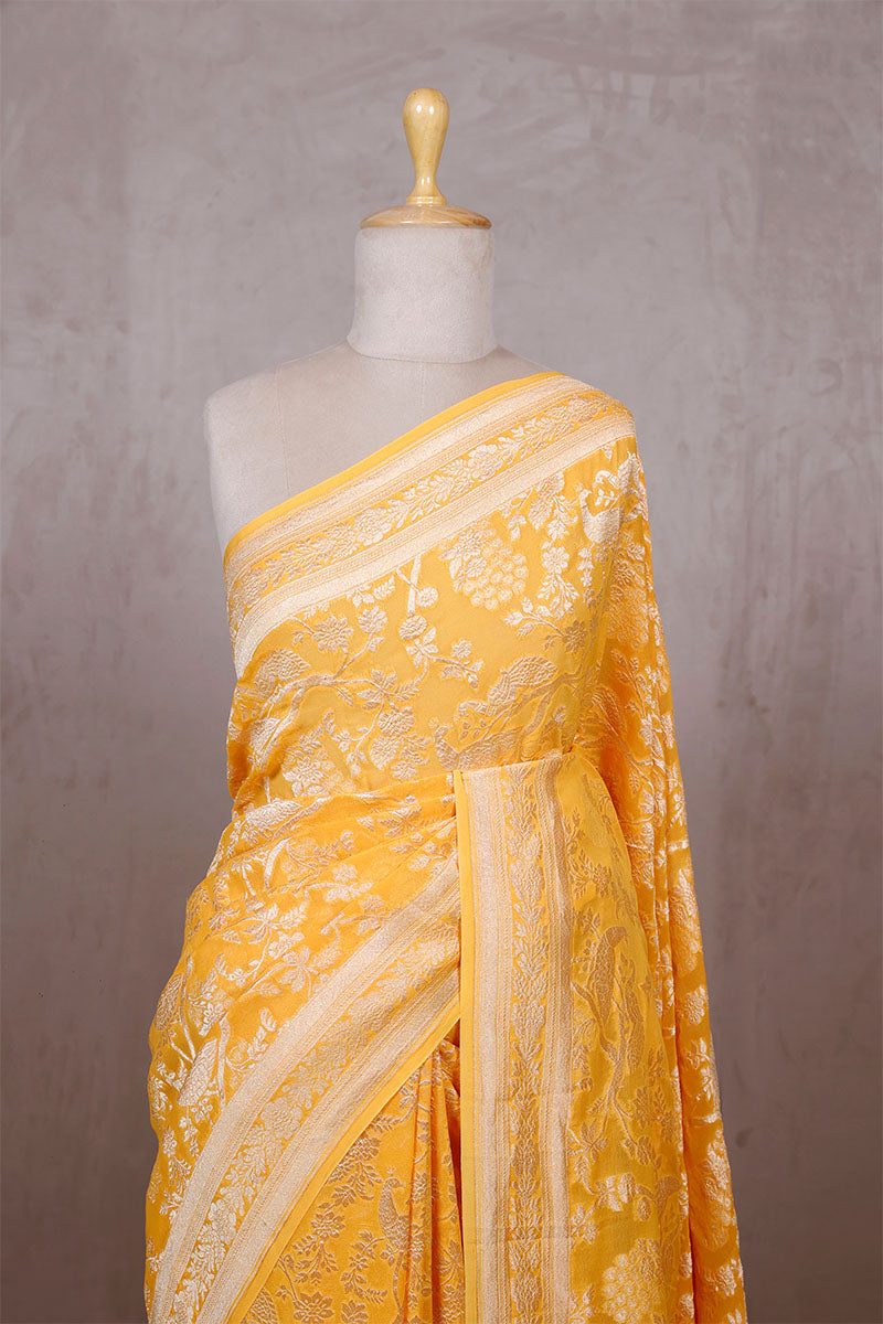 Yellow Georgette Saree with Peacock Floral Work