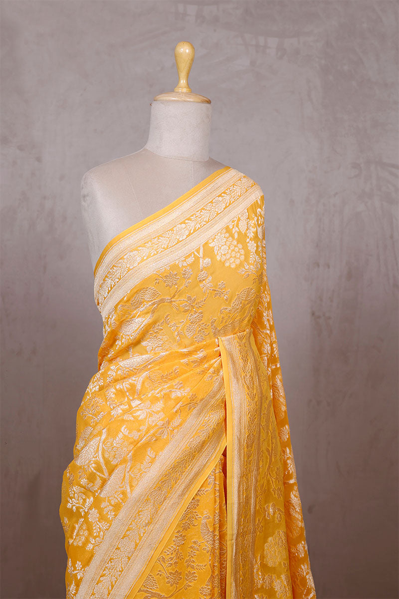 Yellow Georgette Saree with Peacock Floral Work