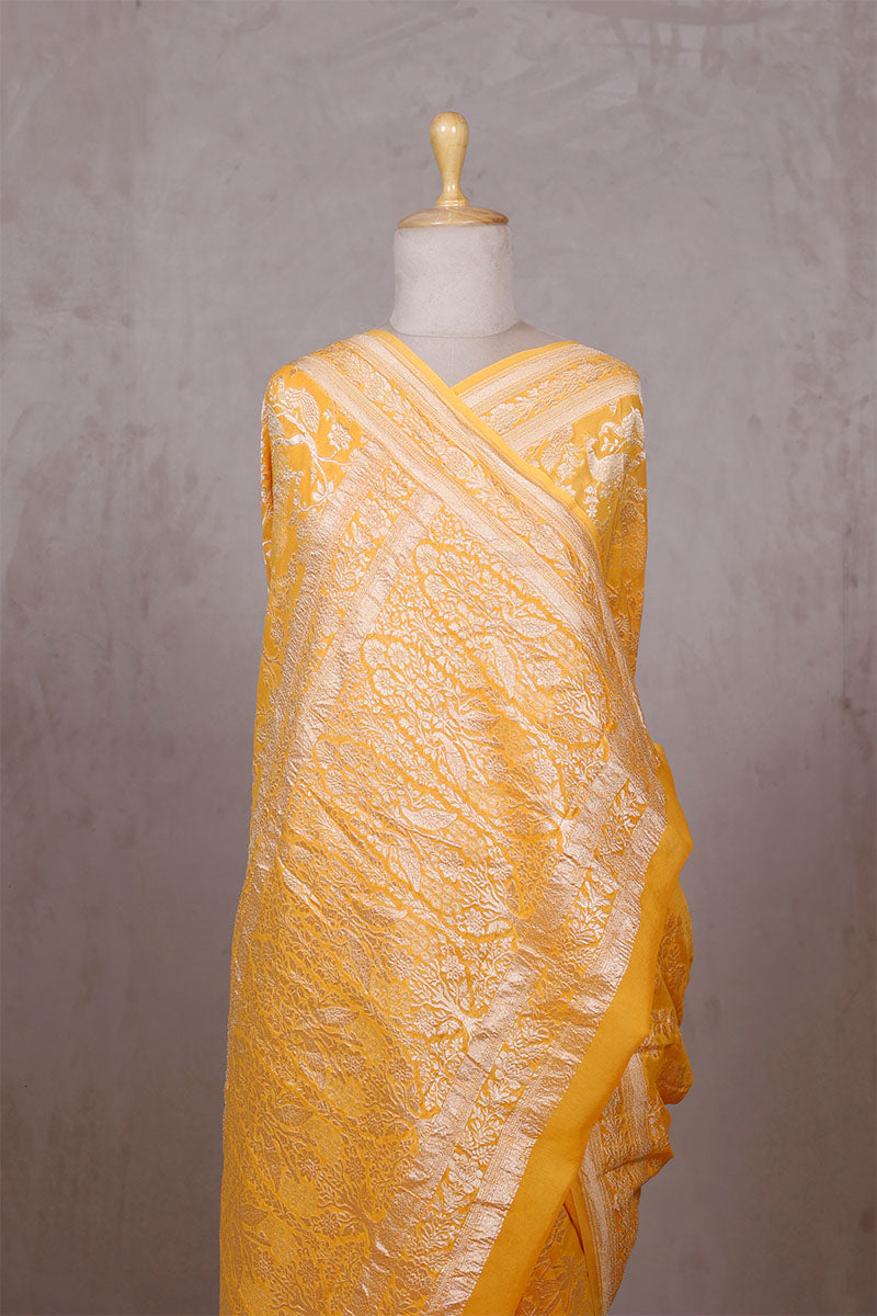 Yellow Georgette Saree with Peacock Floral Work