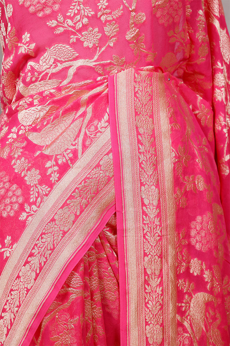 Rose Pink Georgette Saree with Peacock Floral Work