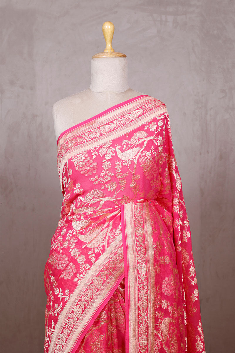 Rose Pink Georgette Saree with Peacock Floral Work