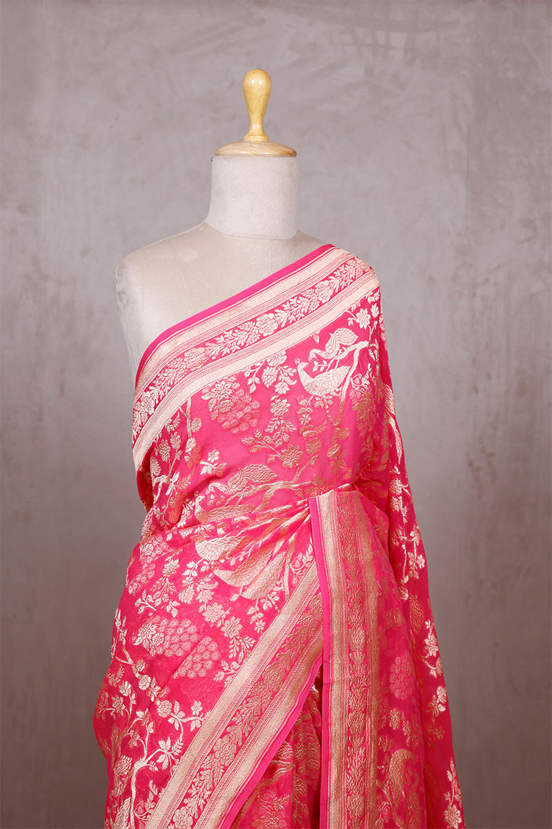 Rose Pink Georgette Saree with Peacock Floral Work