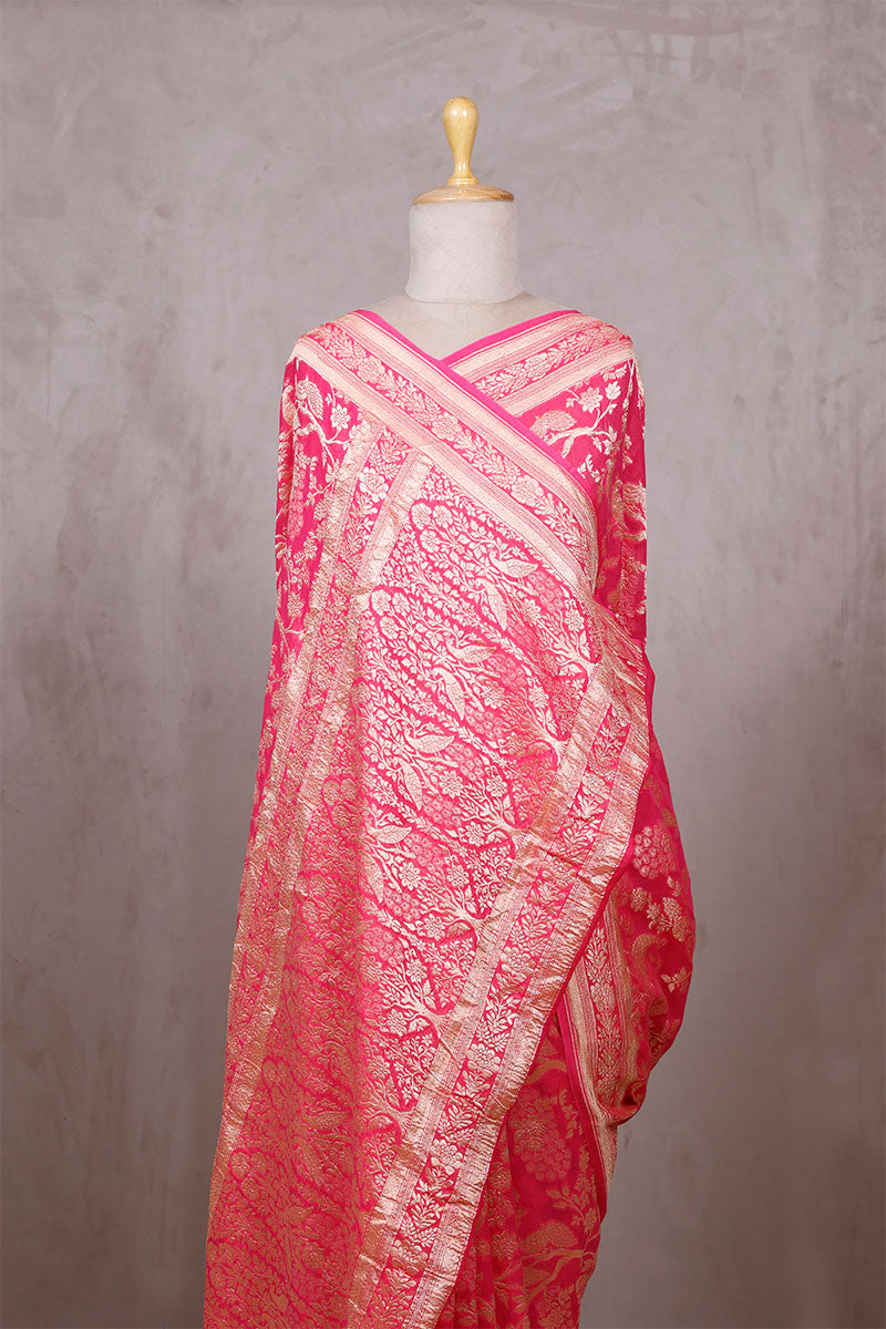 Rose Pink Georgette Saree with Peacock Floral Work