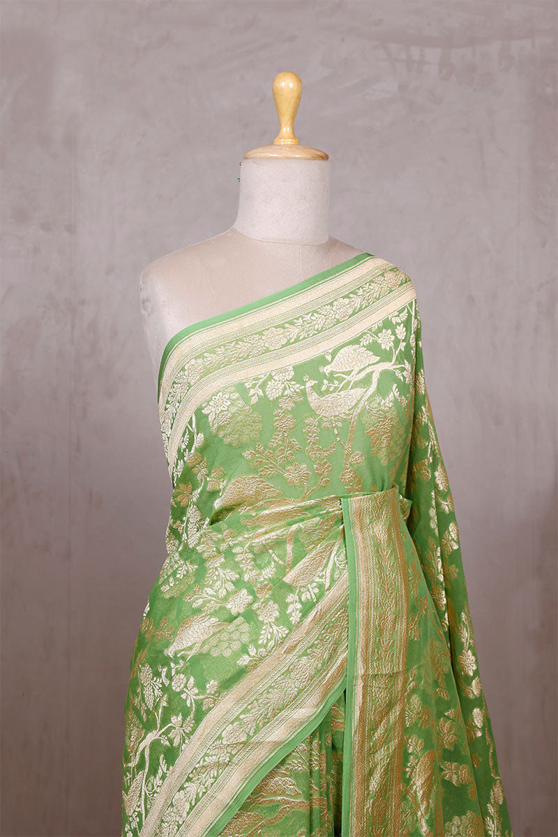 Pistachio Green Georgette Saree with Peacock Floral Work