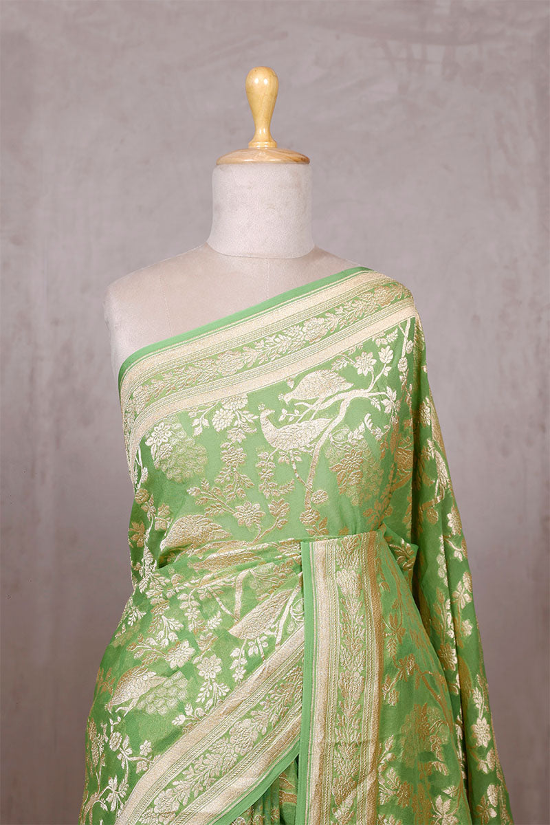 Pistachio Green Georgette Saree with Peacock Floral Work