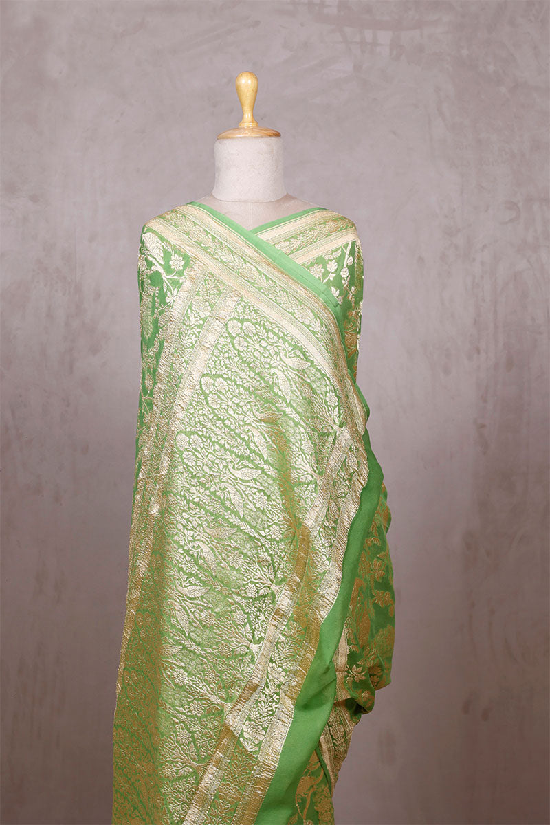 Pistachio Green Georgette Saree with Peacock Floral Work