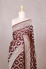 Coffee Brown Georgette Saree with Mayur Floral Work