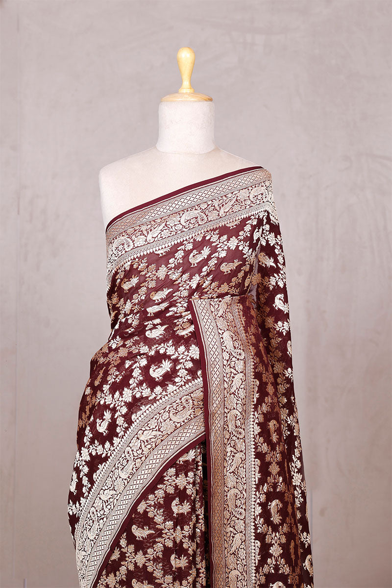 Coffee Brown Georgette Saree with Mayur Floral Work