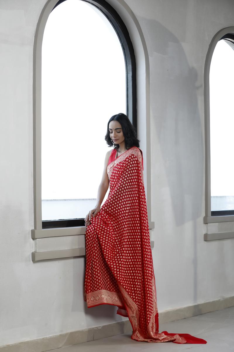 Red Banarasi Georgette Khaddi Saree with Gold Zari Floral Motifs