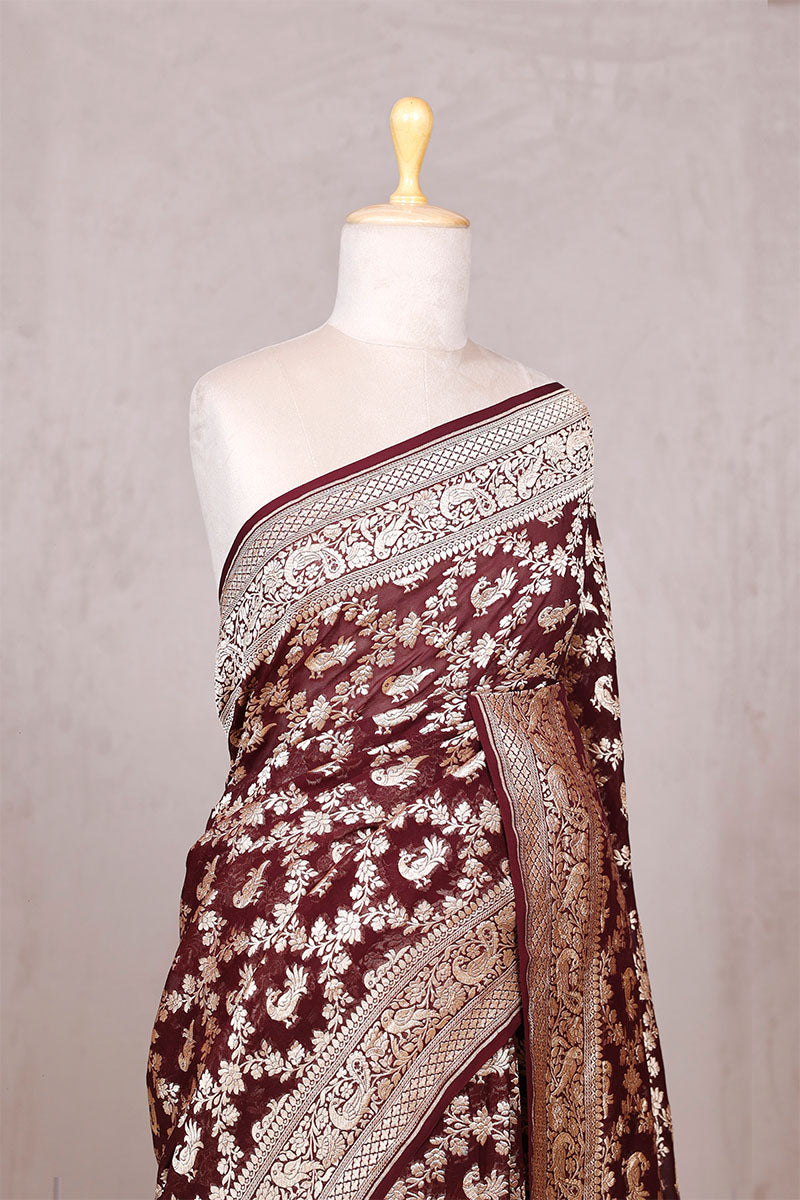 Coffee Brown Georgette Saree with Mayur Floral Work