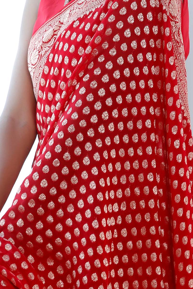 Red Banarasi Georgette Khaddi Saree with Gold Zari Floral Motifs