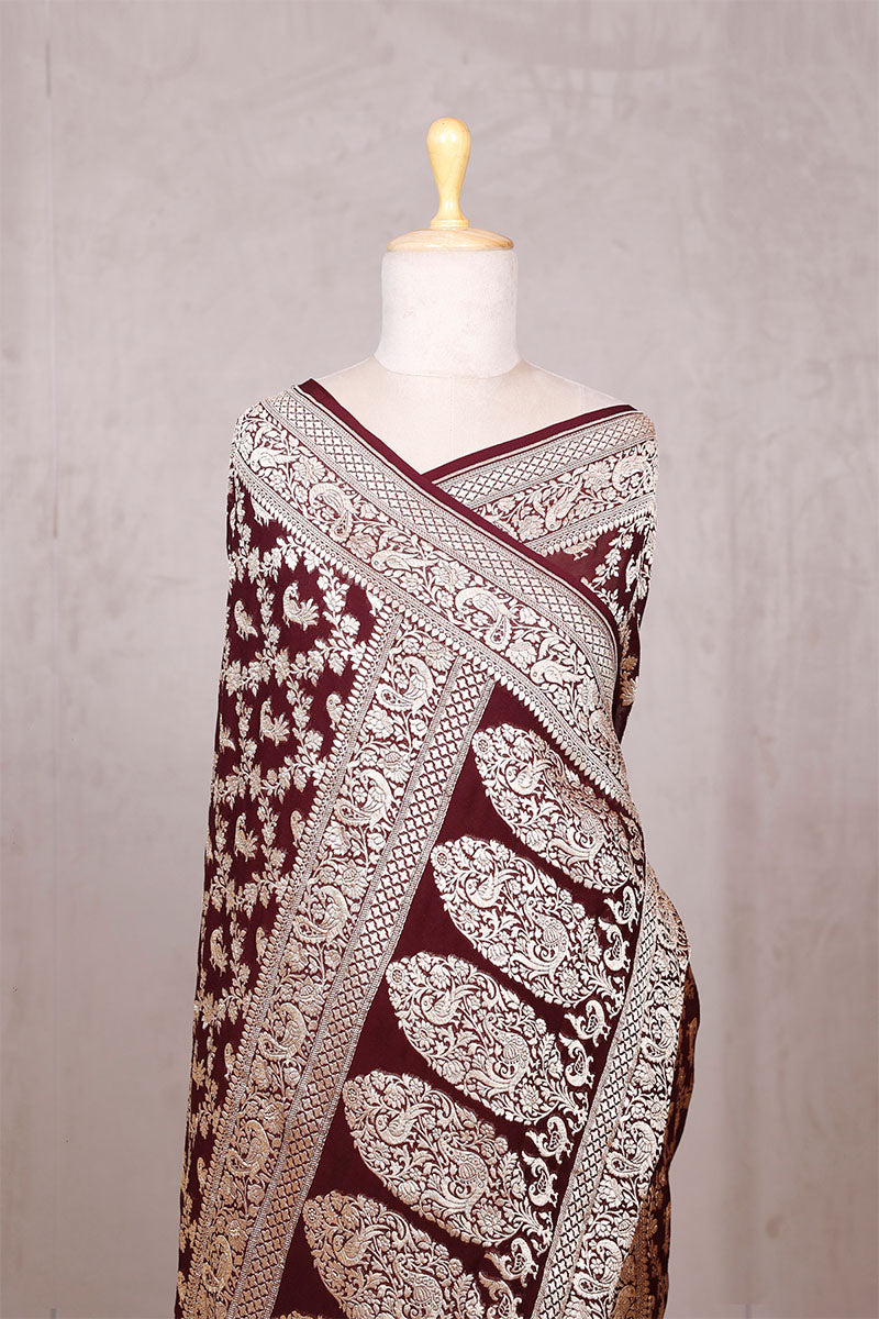 Coffee Brown Georgette Saree with Mayur Floral Work
