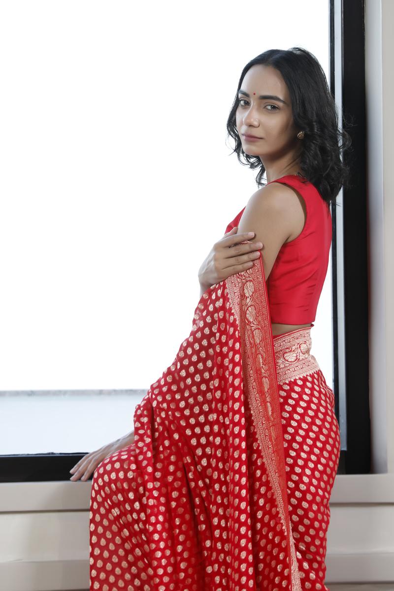 Red Banarasi Georgette Khaddi Saree with Gold Zari Floral Motifs