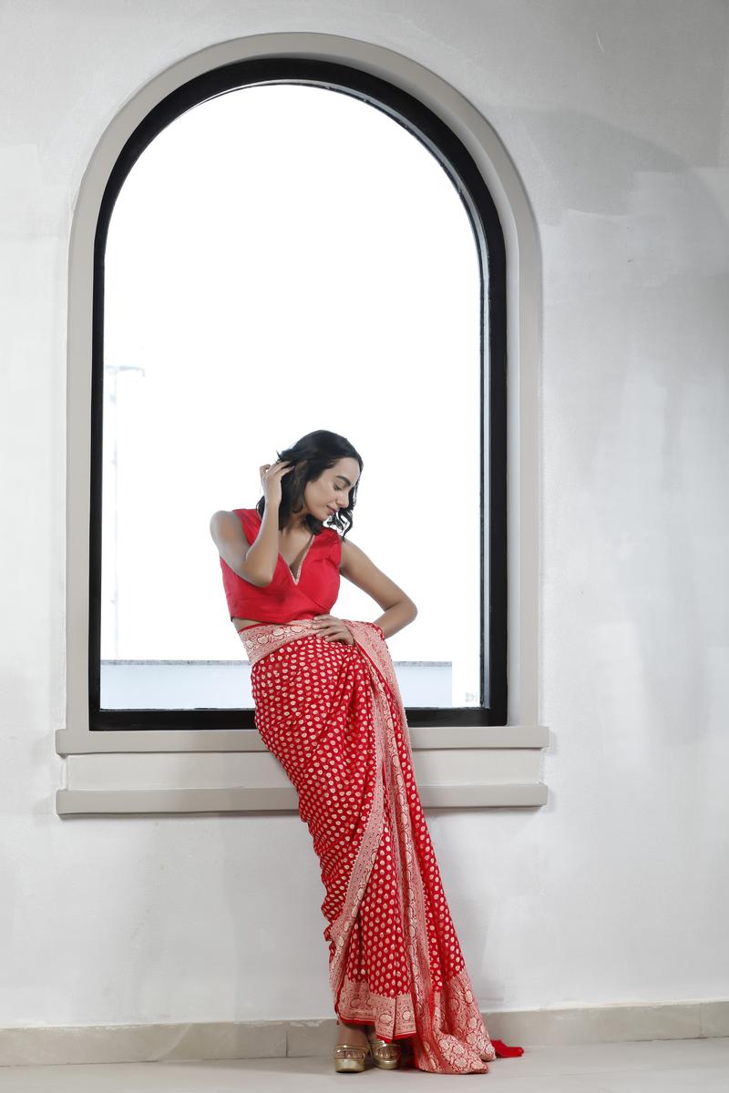 Red Banarasi Georgette Khaddi Saree with Gold Zari Floral Motifs