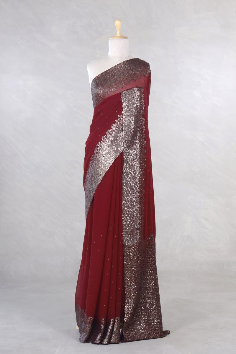 Maroon Banarasi Chiffon Party Wear Saree