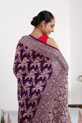 Purple Pure Georgette Khaddi Banarasi Saree with Floral Bird Motifs