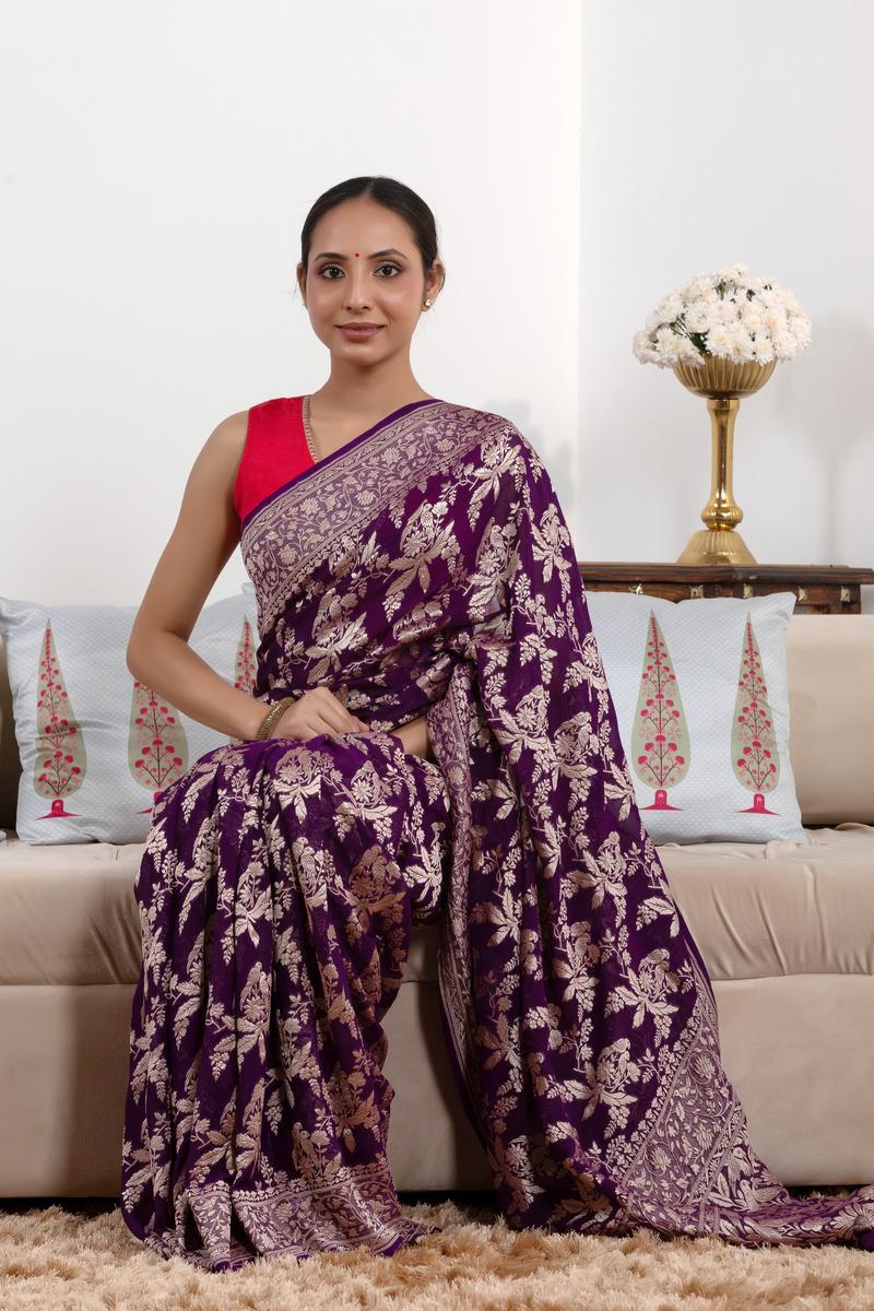 Purple Pure Georgette Khaddi Banarasi Saree with Floral Bird Motifs