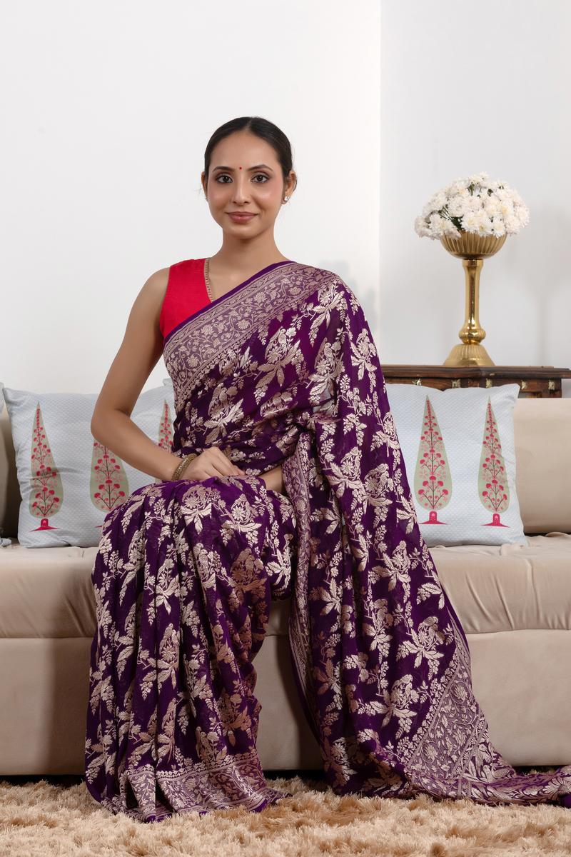 Purple Pure Georgette Khaddi Banarasi Saree with Floral Bird Motifs