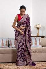 Purple Pure Georgette Khaddi Banarasi Saree with Floral Bird Motifs