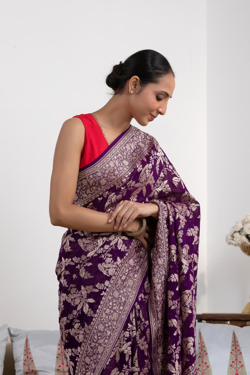 Purple Pure Georgette Khaddi Banarasi Saree with Floral Bird Motifs