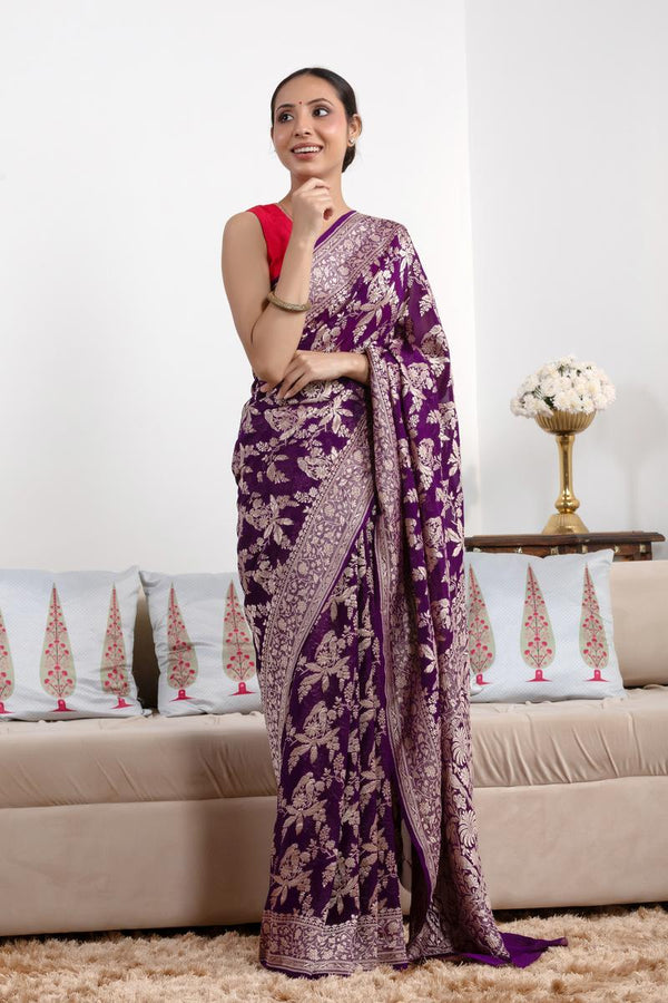 Purple saree, Georgette saree, khaddi saree, Banarasi saree, party wear, wedding Saree