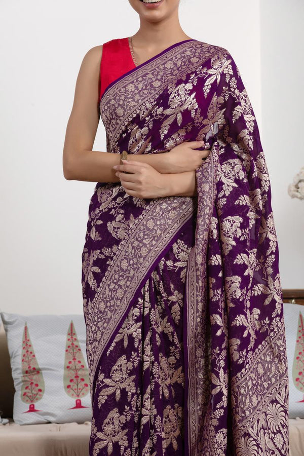 Purple Pure Georgette Khaddi Banarasi Saree with Floral Bird Motifs
