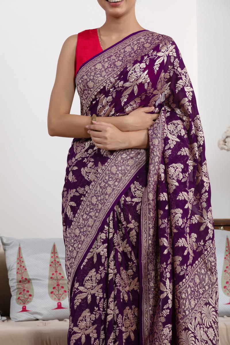 Purple Pure Georgette Khaddi Banarasi Saree with Floral Bird Motifs