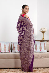 Purple Pure Georgette Khaddi Banarasi Saree with Floral Bird Motifs
