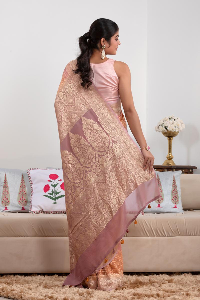 Mauve Shaded Georgette Khaddi Silk Saree with Floral-Geometric Weave