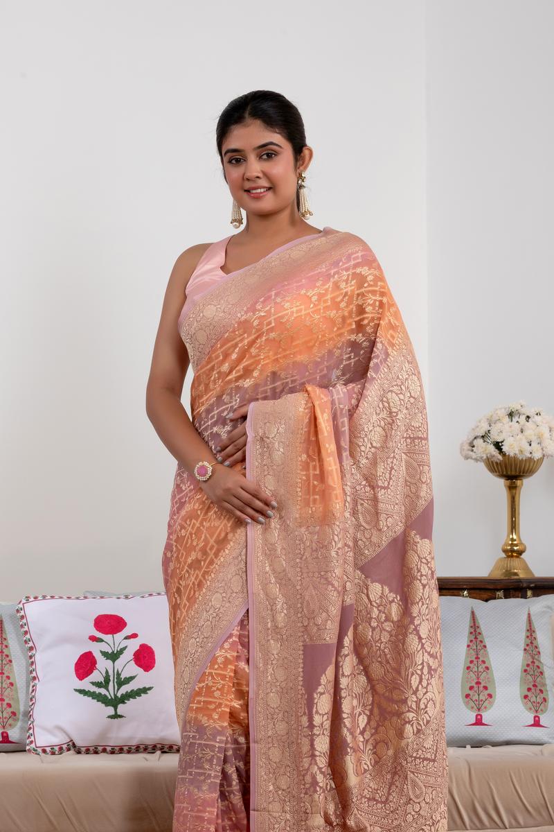 Mauve Shaded Georgette Khaddi Silk Saree with Floral-Geometric Weave