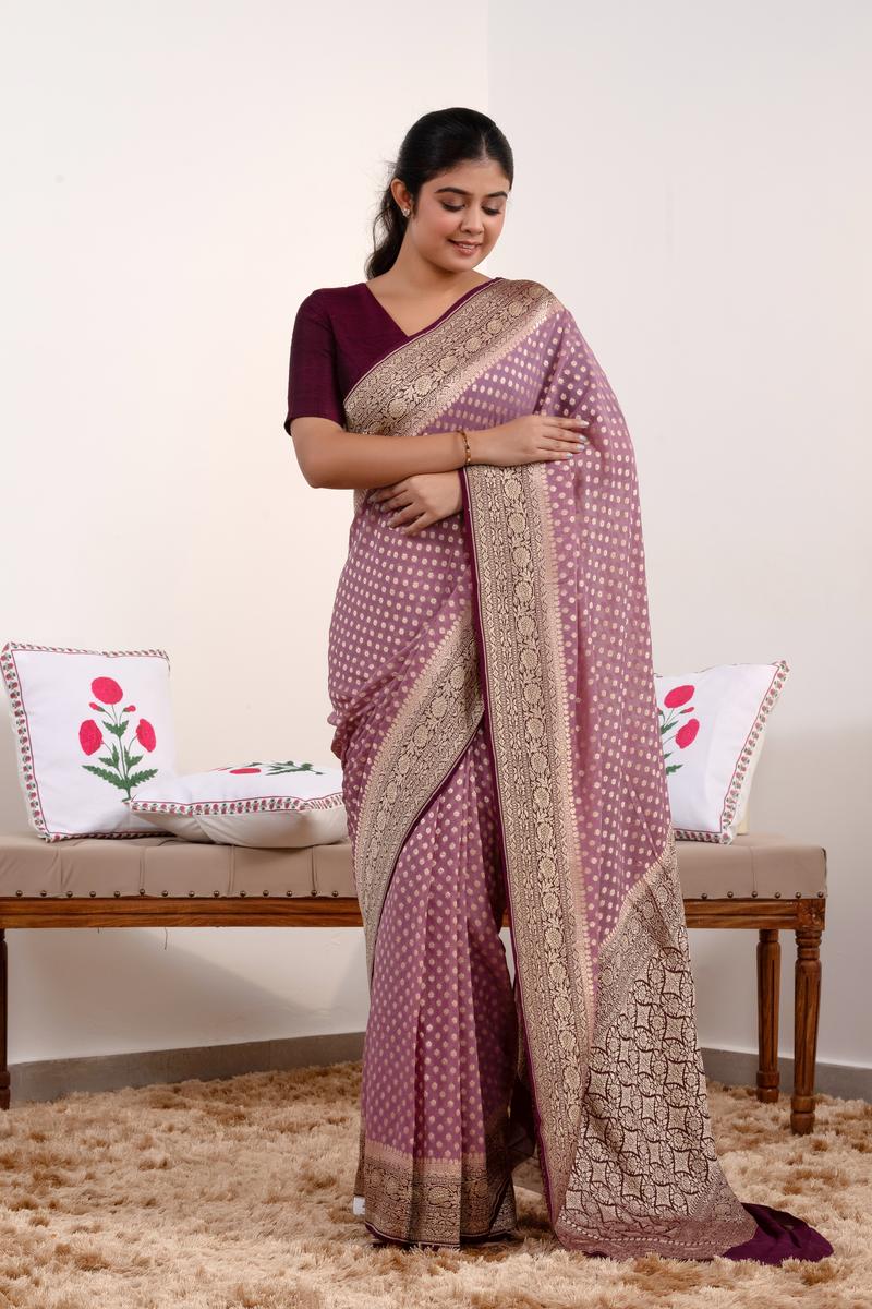 Mauve  Banarasi Georgette Khaddi Silk Saree with Wine Border