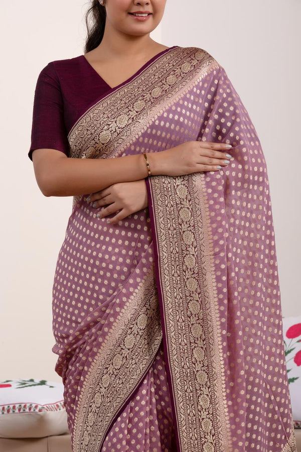 Mauve  Banarasi Georgette Khaddi Silk Saree with Wine Border