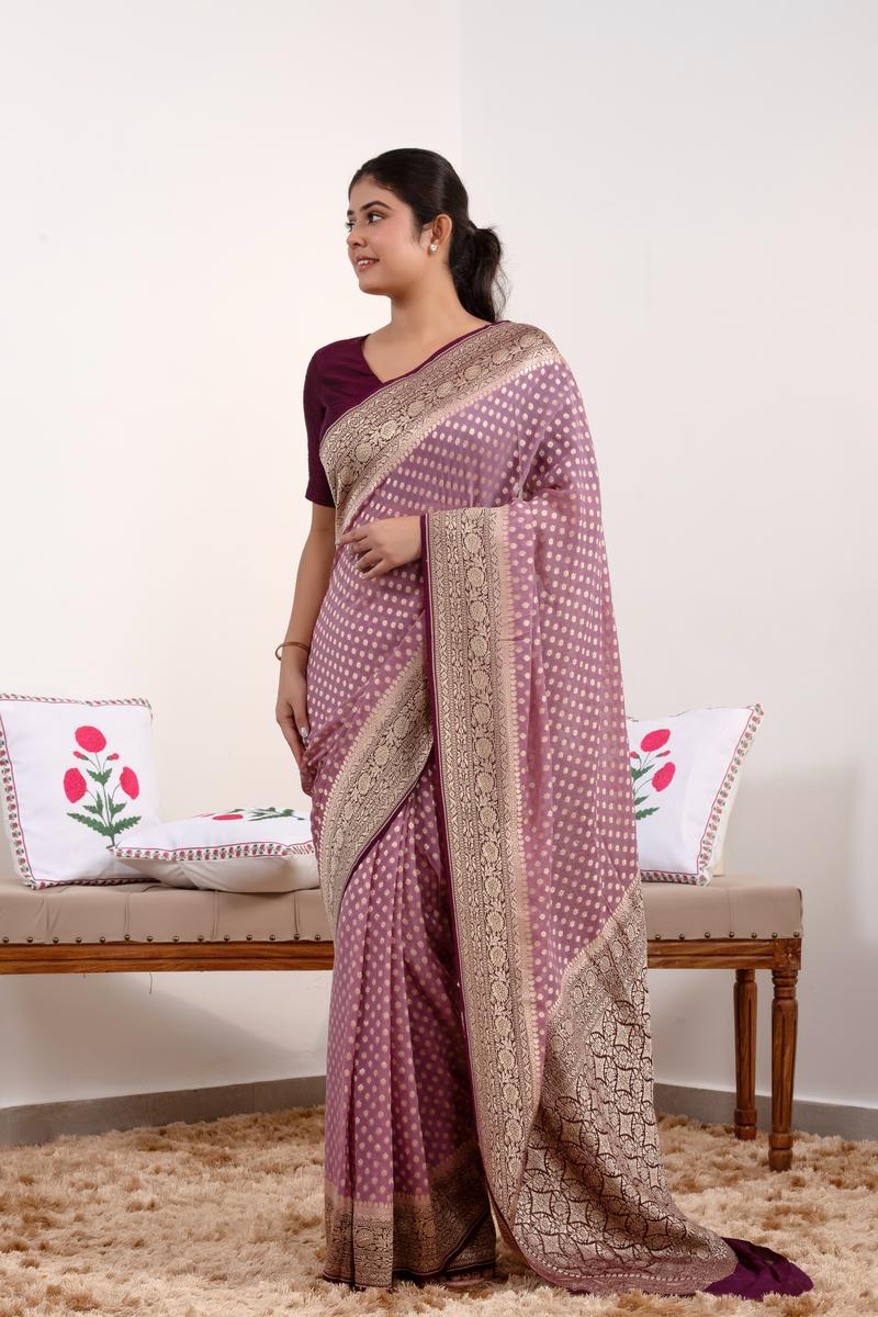 Mauve  Banarasi Georgette Khaddi Silk Saree with Wine Border