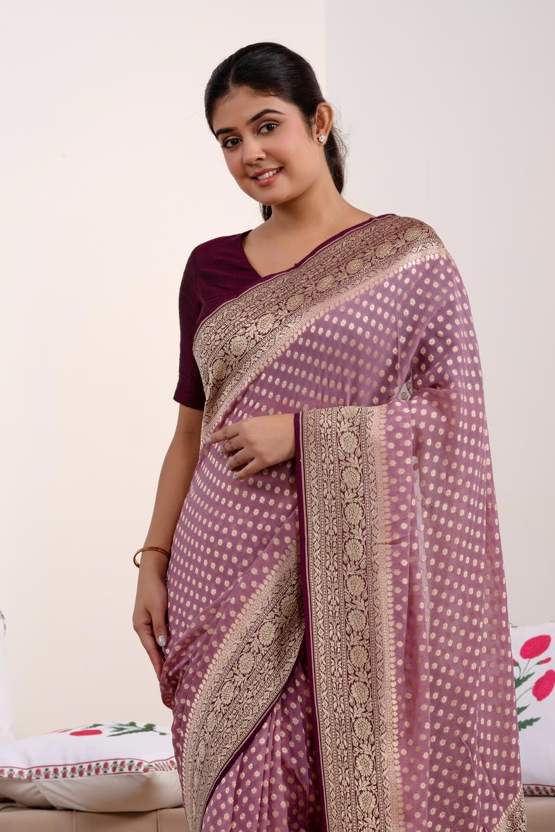 Mauve  Banarasi Georgette Khaddi Silk Saree with Wine Border