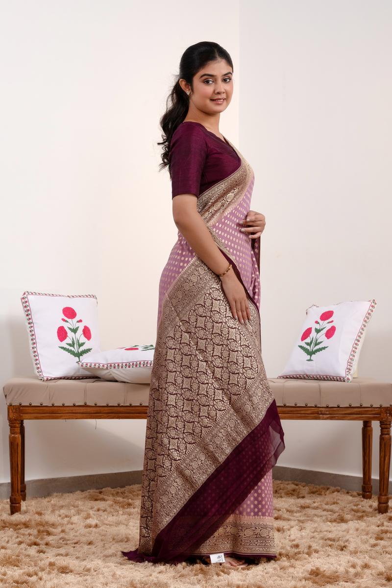 Mauve  Banarasi Georgette Khaddi Silk Saree with Wine Border