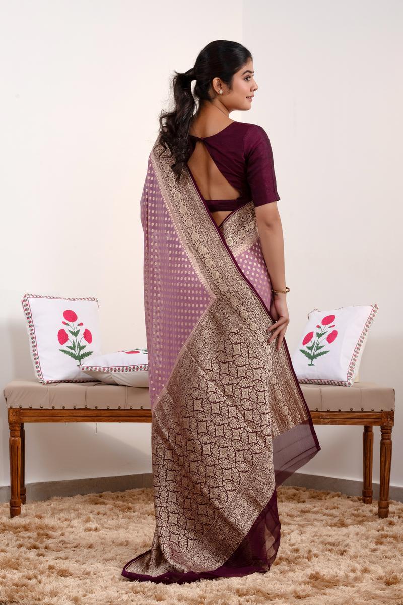 Mauve  Banarasi Georgette Khaddi Silk Saree with Wine Border