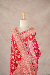 Pink and Red Shaded Georgette Khaddi Silk Saree with Gold Zari Floral Jaal