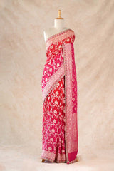 Pink and Red Shaded Georgette Khaddi Silk Saree with Gold Zari Floral Jaal