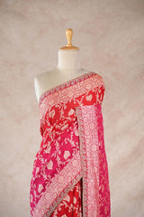 Pink and Red Shaded Georgette Khaddi Silk Saree with Gold Zari Floral Jaal