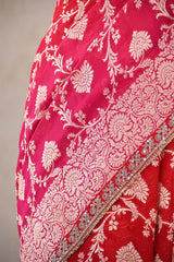 Pink and Red Shaded Georgette Khaddi Silk Saree with Gold Zari Floral Jaal