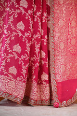 Pink and Red Shaded Georgette Khaddi Silk Saree with Gold Zari Floral Jaal