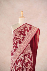 Maroon Pure Georgette Khaddi Banarasi Saree with Floral Bird Motifs