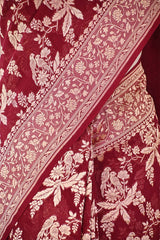Maroon Pure Georgette Khaddi Banarasi Saree with Floral Bird Motifs