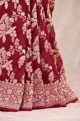 Maroon Pure Georgette Khaddi Banarasi Saree with Floral Bird Motifs