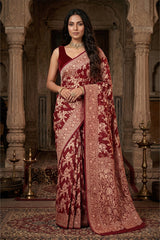 Maroon Pure Georgette Khaddi Banarasi Saree with Floral Bird Motifs