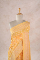Yellow Pure Georgette Khaddi Banarasi Saree with Floral Pakshi Motifs