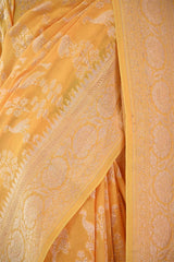 Yellow Pure Georgette Khaddi Banarasi Saree with Floral Pakshi Motifs