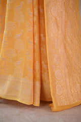 Yellow Pure Georgette Khaddi Banarasi Saree with Floral Pakshi Motifs